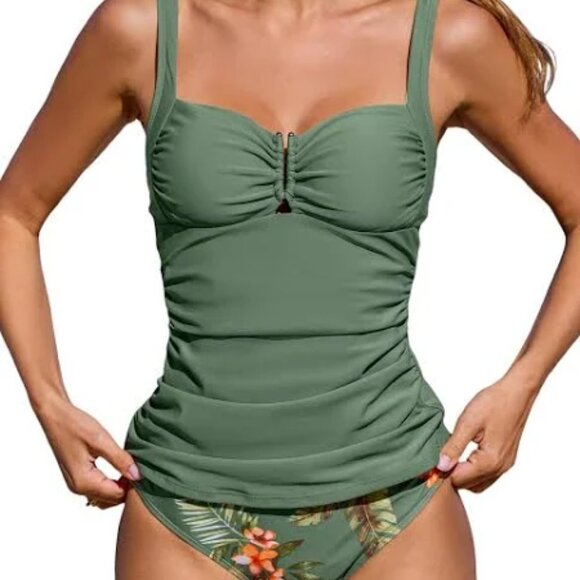 CUPSHE RUCHED OLIVE GREEN AND FLORAL DRAWSTRING TANKINI SWIMSUIT  SIZE XS NWT - Picture 1 of 11